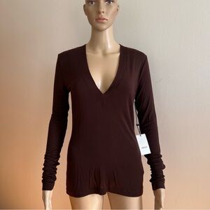 Agolde Eva Long Sleeve Deep V-Neck Tee in Infusion/Brown Size S  NWT